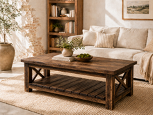Load image into Gallery viewer, Handmade Rustic Japanese Shou Sugi Ban Oak-Stained Coffee Table with Lower Shelf