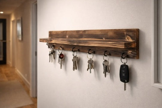 Rustic Shou Sugi Ban Key Holder with Shelf – Handmade Burnt Wood Entryway Organizer – Wall Mounted Key Rack with Hooks – Hallway Shelf