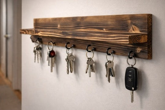 Rustic Shou Sugi Ban Key Holder with Shelf – Handmade Burnt Wood Entryway Organizer – Wall Mounted Key Rack with Hooks – Hallway Shelf